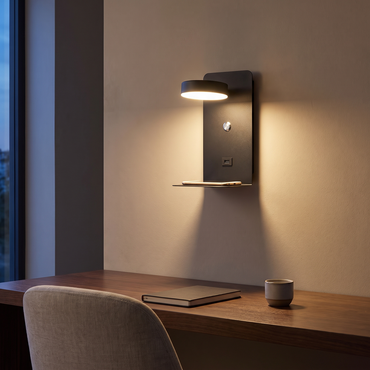Modern black iron USB wall sconce lamp mounted above a walnut desk as a reading light in a home study at dusk