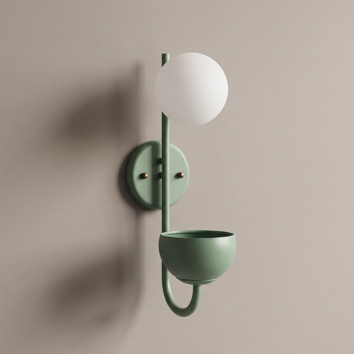 Green iron sphere planter wall sconce with opal white glass globe and storage bowl on a plain greige wall, lamp off