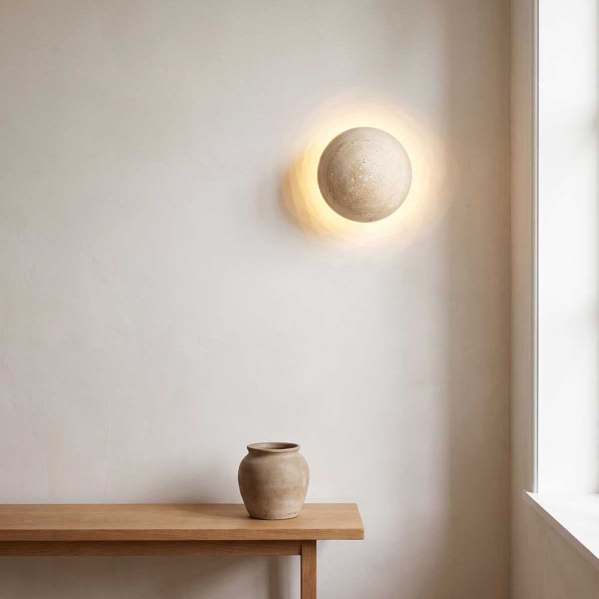 Japanese wabi-sabi round yellow travertine LED wall sconce casting a warm halo on a lime-washed hallway wall
