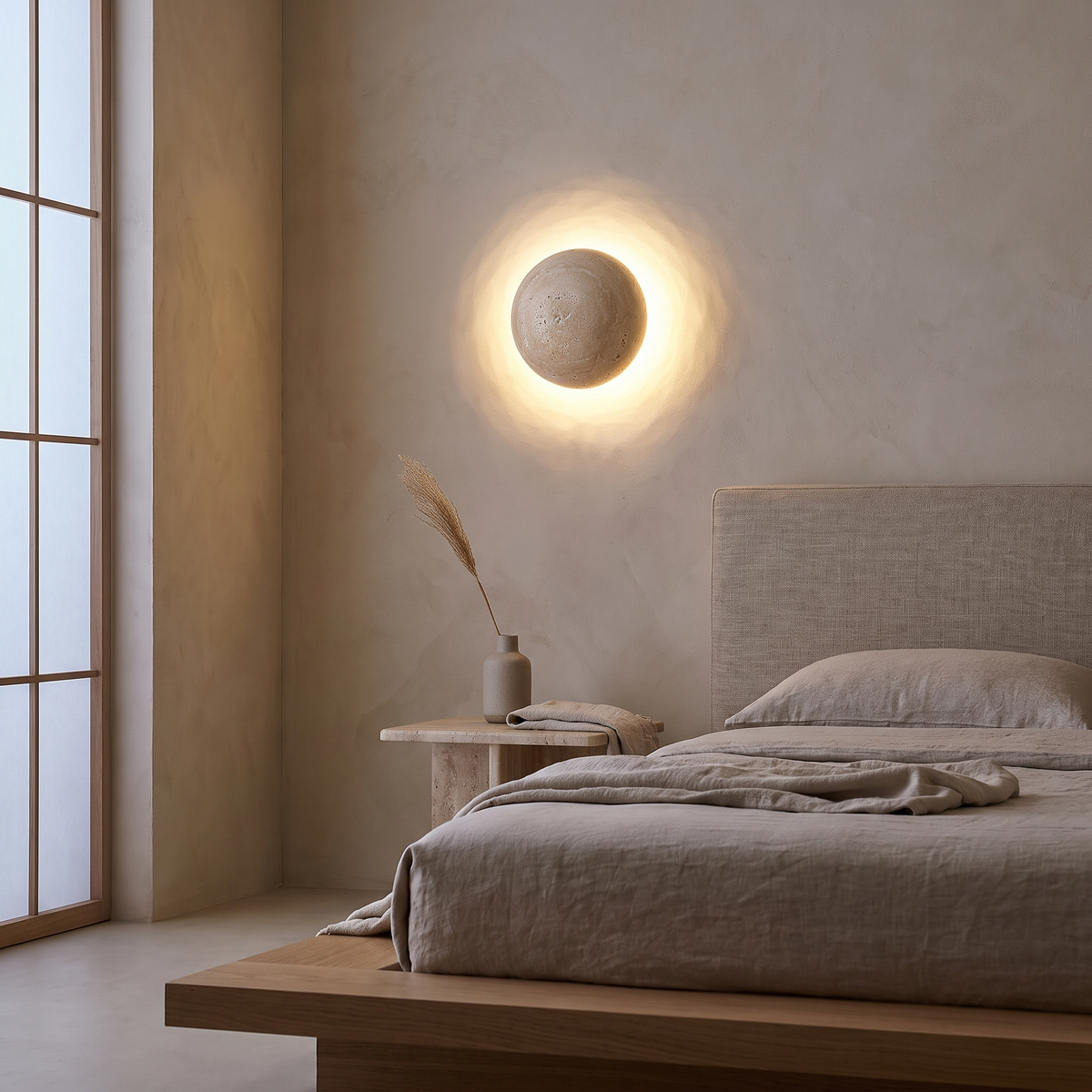Travertine wabi-sabi wall sconce glowing at dusk beside a low oak platform bed in a Japandi bedroom