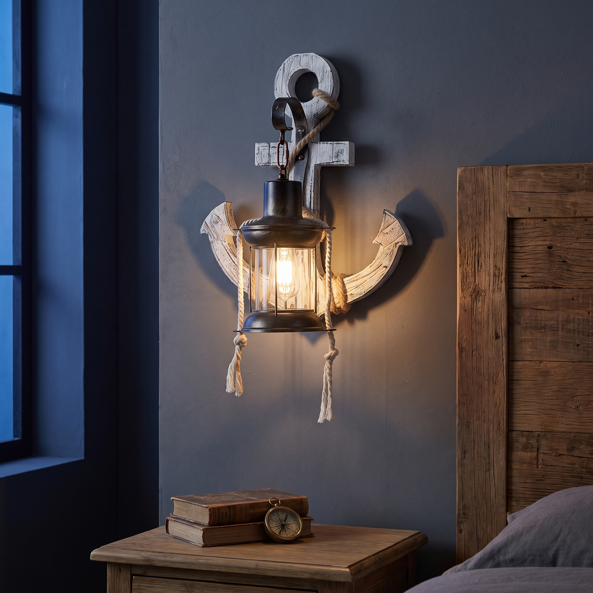Boat anchor lantern wall sconce lamp lit at dusk beside a reclaimed wood headboard in a rustic bedroom