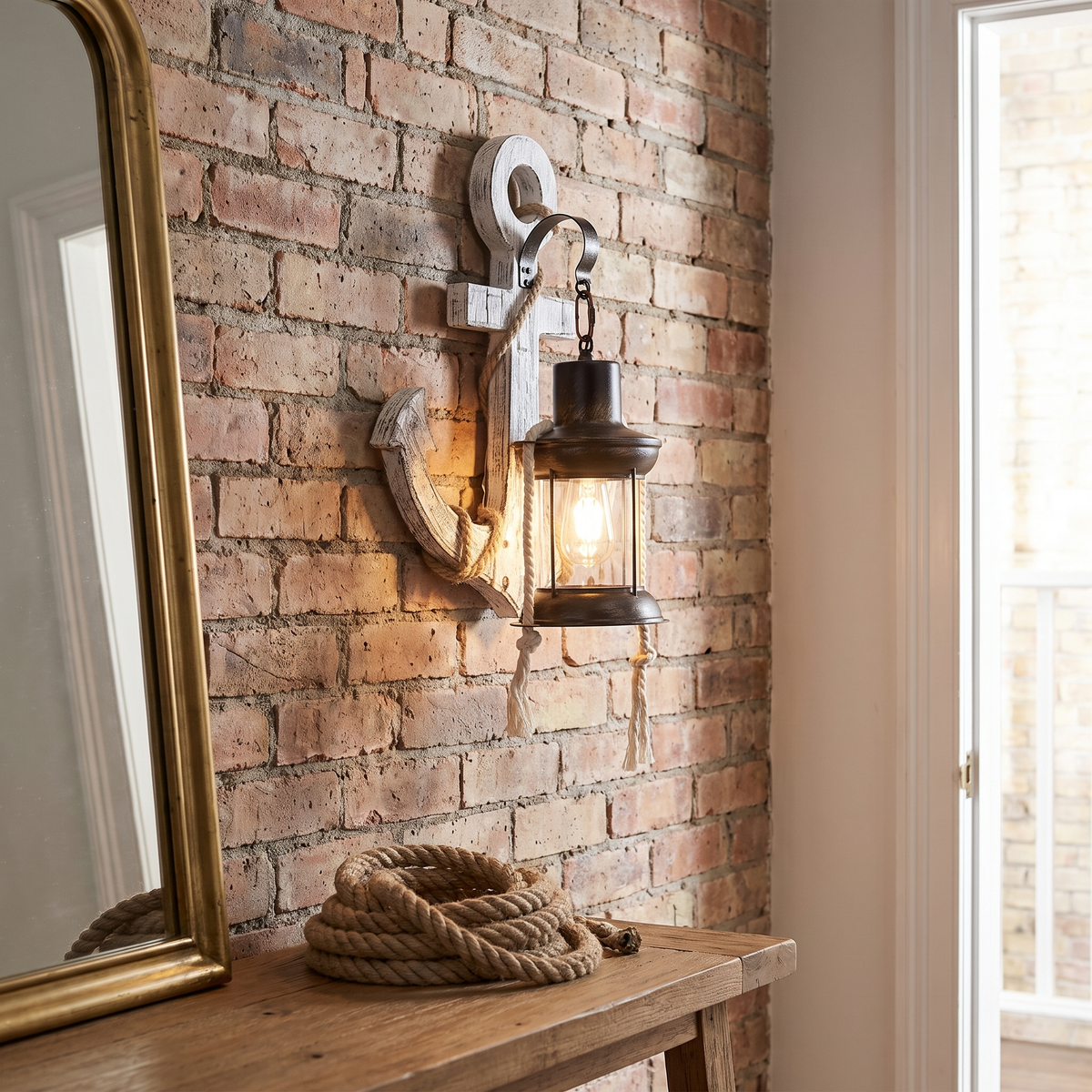 Industrial vintage white-washed wood boat anchor wall sconce with black iron glass lantern glowing on a brick hallway wall