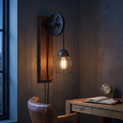 Traditional vintage pulley wall sconce lamp lit at dusk above a reclaimed oak writing desk in a moody home study