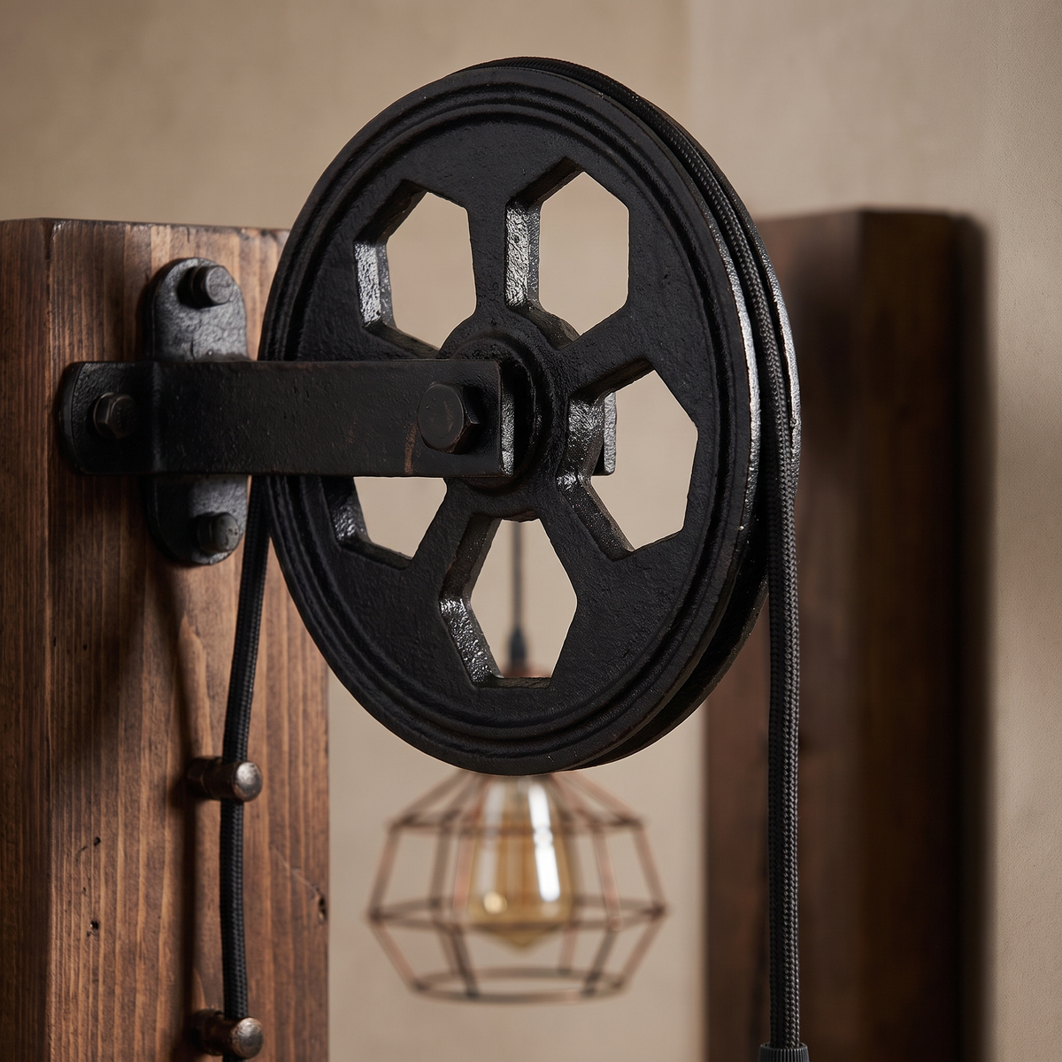 Close-up of the black cast iron pulley wheel and cord on the dark stained wood backboard of the vintage wall sconce