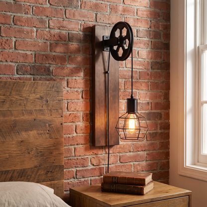 Vintage industrial pulley wall sconce with dark brown wood backboard and Edison cage lamp glowing on a brick wall beside a bed