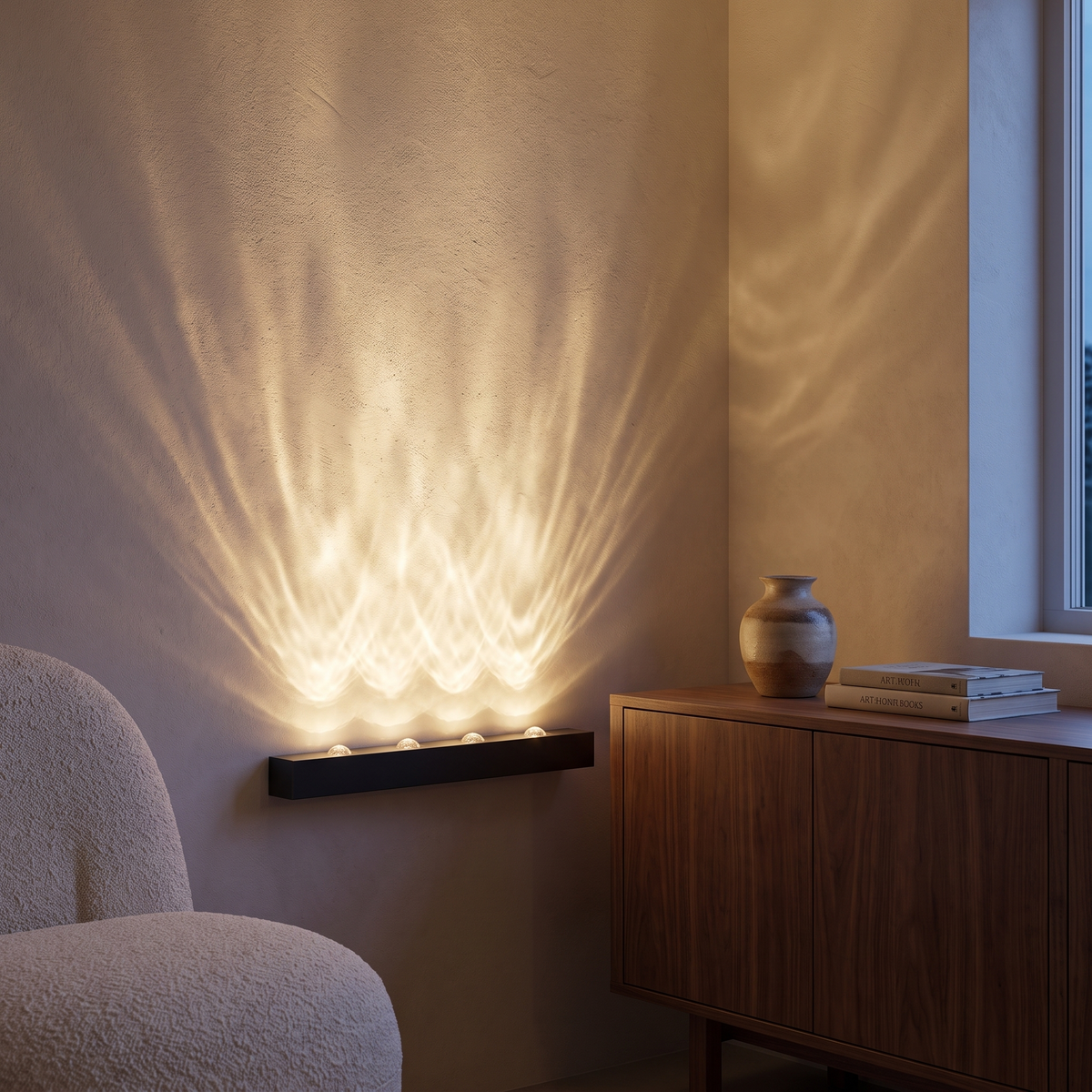 Modern LED water ripple wall wash light casting a warm aurora light effect up a lounge wall at dusk beside a walnut sideboard and boucle armchair