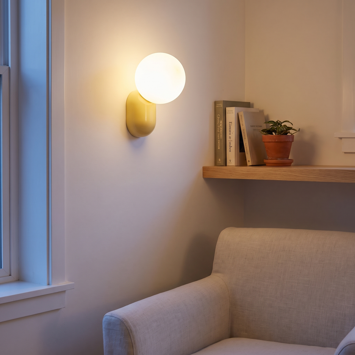 Yellow macaron glass globe wall sconce lit at dusk above an oak shelf in a living room reading nook, showing mounting height and scale