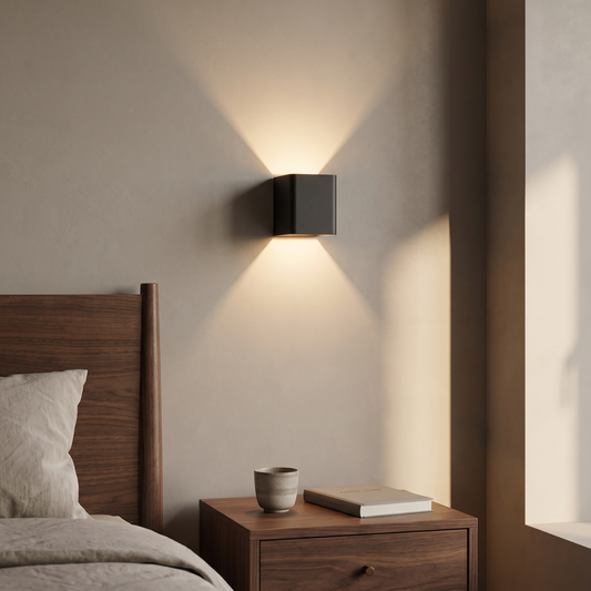 Modern square black aluminum LED up-down wall sconce glowing warm above a walnut nightstand in a minimalist bedroom