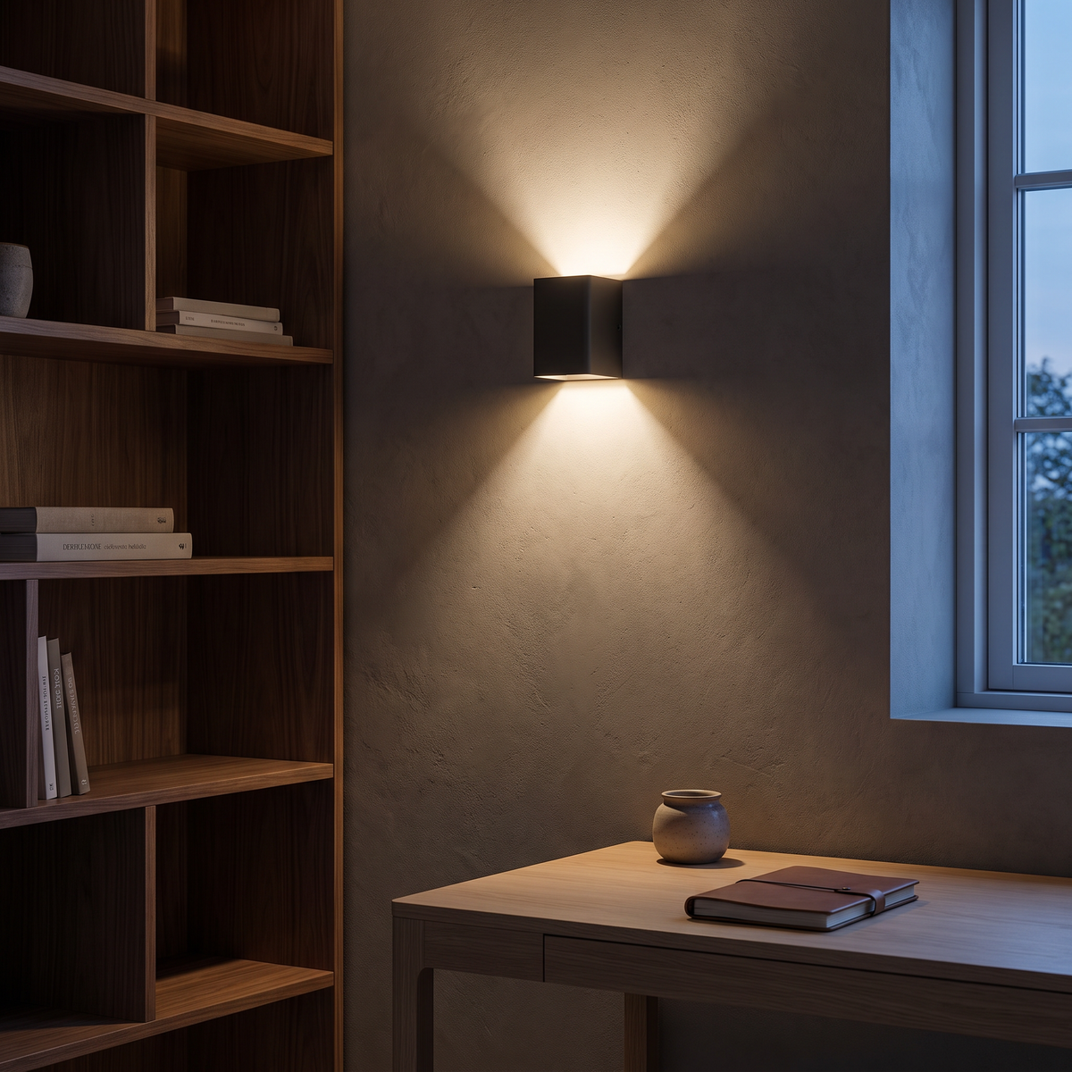 Black square aluminum LED wall sconce casting warm up and down light beside a walnut bookshelf in a study at dusk