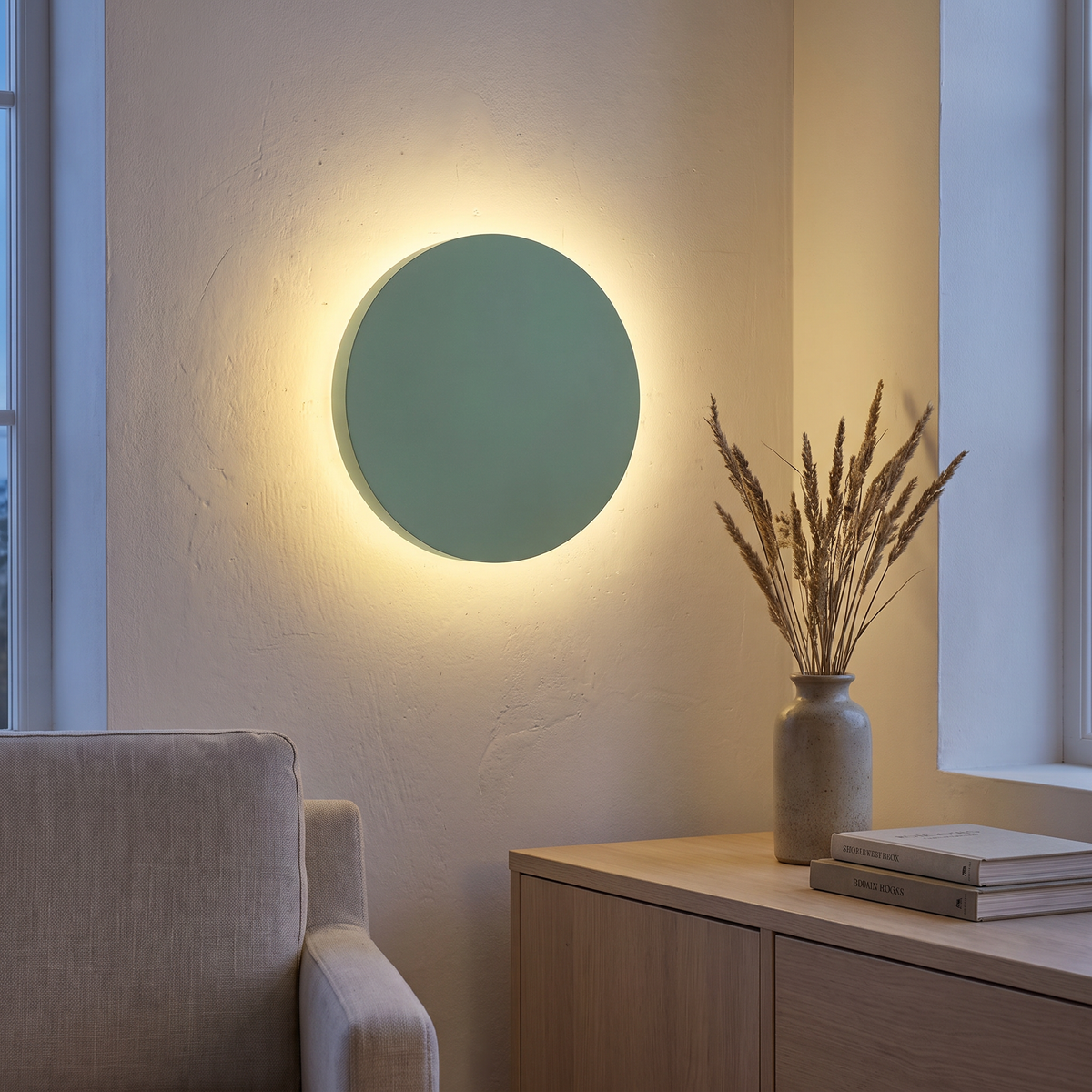 Round sage green LED wall sconce lit at dusk above an oak console with a linen armchair in a minimalist living room