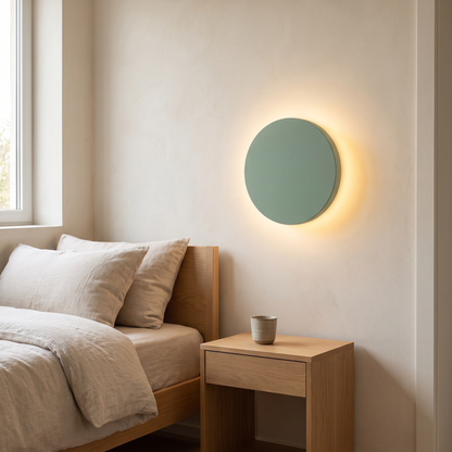 Modern minimalist round iron LED wall sconce in sage green glowing with a warm halo above an oak nightstand in a bedroom
