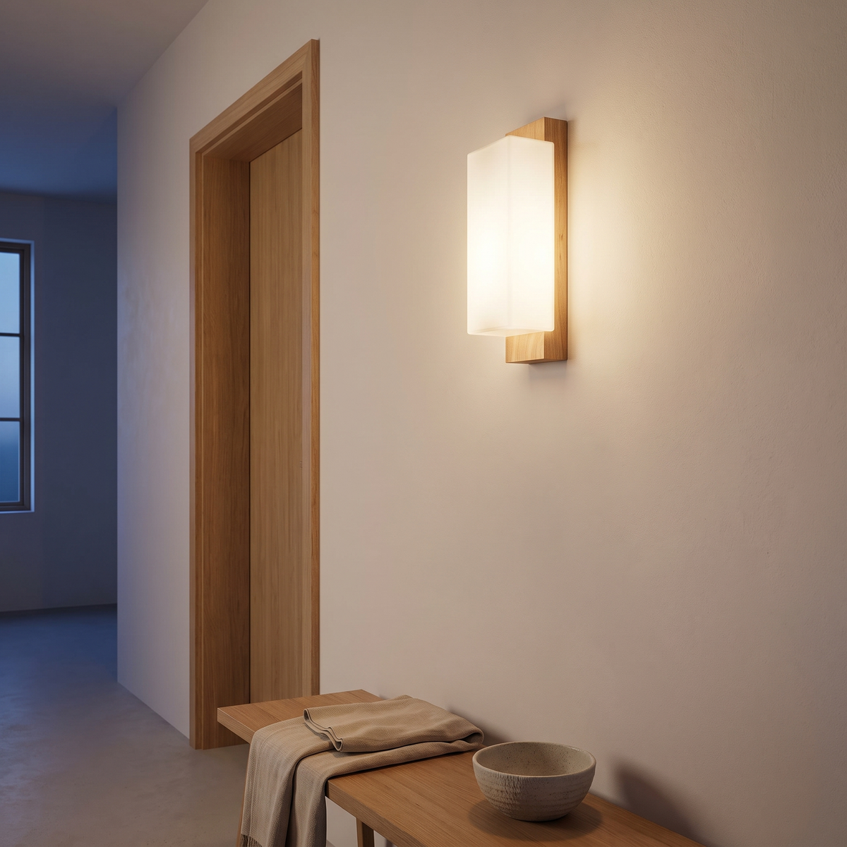 Solid wood glass column wall sconce lit beside an oak door frame and bench in a Japandi hallway at dusk