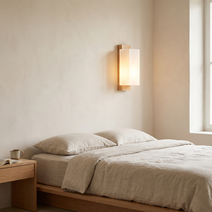 Modern minimalist solid wood and frosted glass column wall sconce glowing warm above an oak nightstand in a Japandi bedroom
