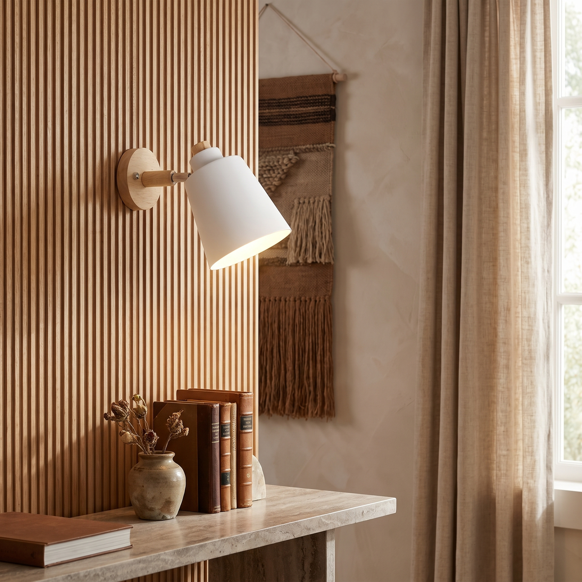 Estellune Macaron Barrel Shade Wood Accent Wall Sconce for Bedside Reading