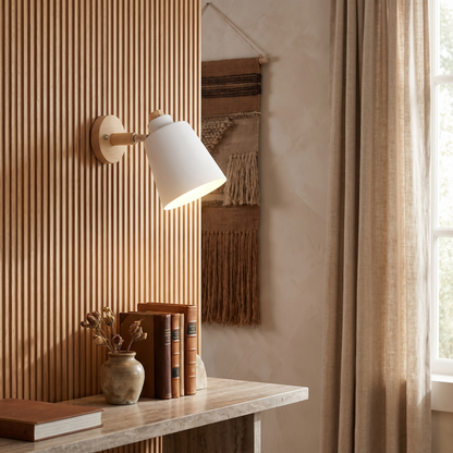 Estellune Macaron Barrel Shade Wood Accent Wall Sconce for Bedside Reading