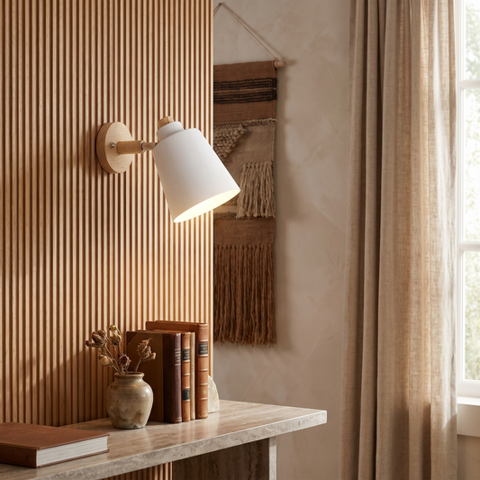 Estellune Macaron Barrel Shade Wood Accent Wall Sconce for Bedside Reading