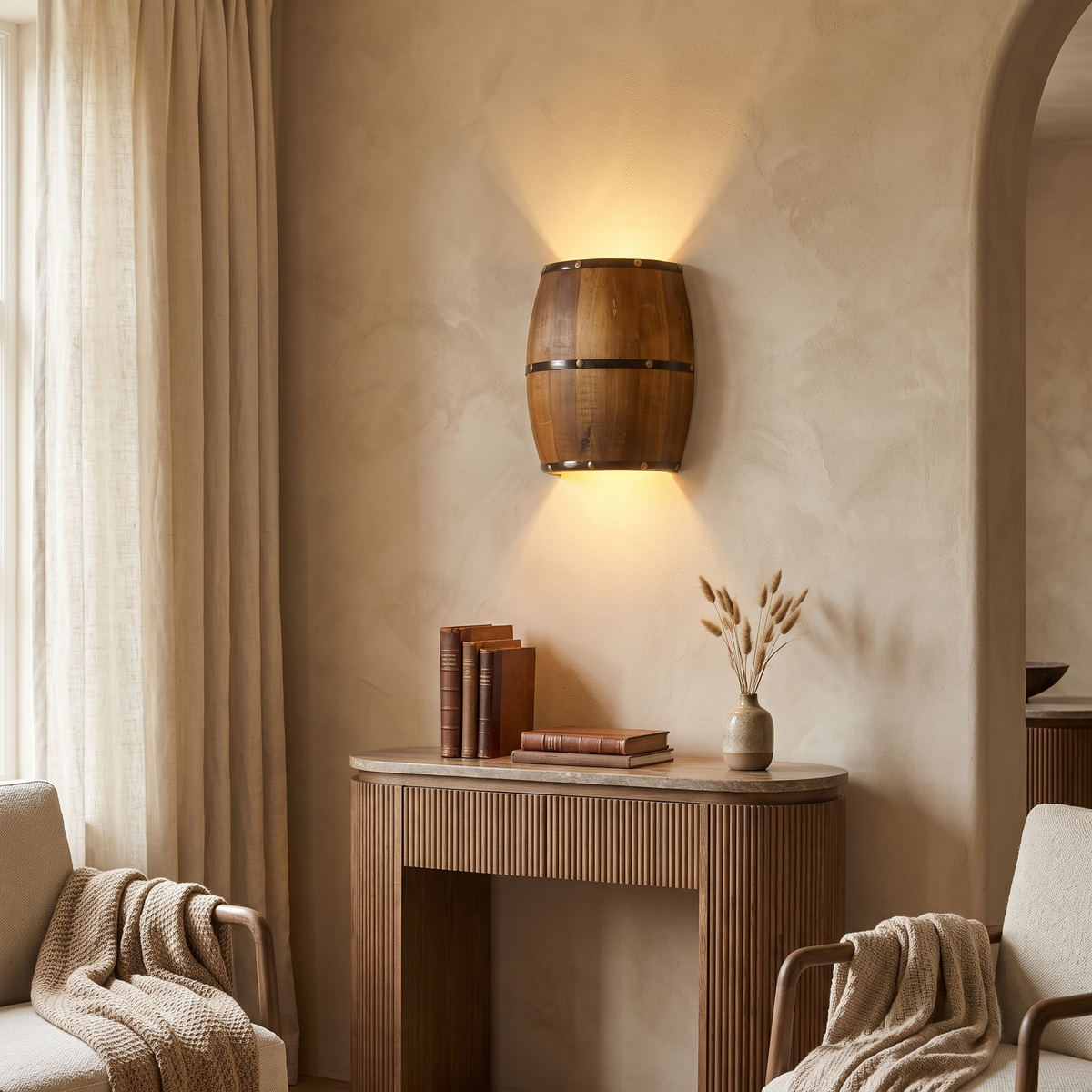 Faubourg Industrial Brown Wood Half Barrel Wall Sconce for Living Room Ambient Glow