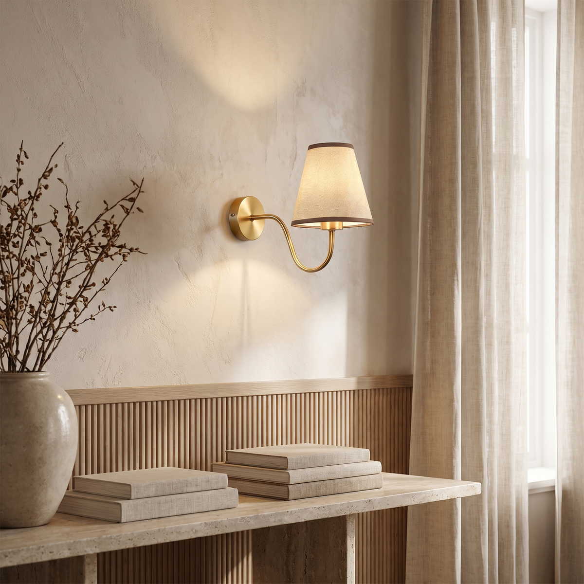 Perrelle Nordic Curved Iron LED Wall Sconce with Fabric Shade for Living Room and Bedroom
