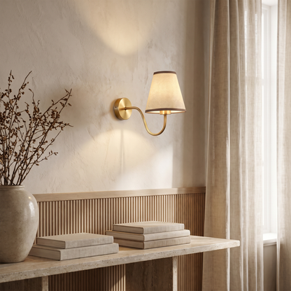 Perrelle Nordic Curved Iron LED Wall Sconce with Fabric Shade for Living Room and Bedroom