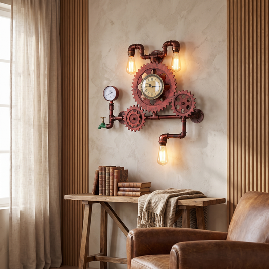 Brasselle Industrial Iron Gear and Pipe Wall Sconce with Clock for Hallway and Bar