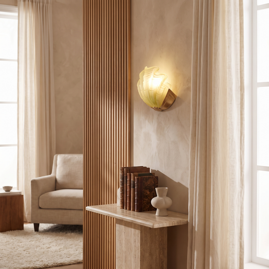 Kirielle Art Deco Brass Wall Sconce with Shell-Shaped Glass Shade for Bedroom