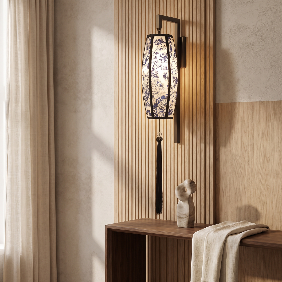 Ostara Chinese-Style Painted Fabric Lantern Wall Sconce with Tassel for Hallway