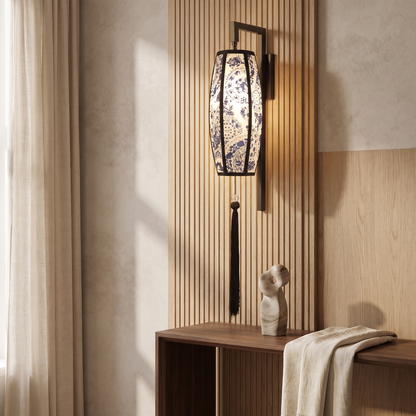 Ostara Chinese-Style Painted Fabric Lantern Wall Sconce with Tassel for Hallway