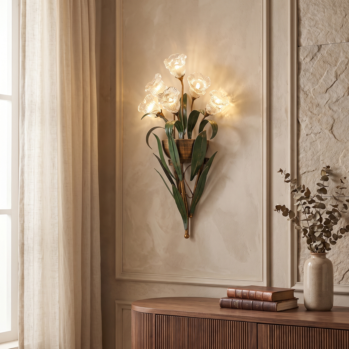 Baldassare Modern Iron Glass Flower LED Wall Sconce for Statement Living Room Lighting