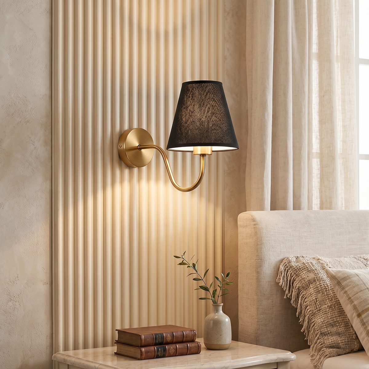 Perrelle Nordic Curved Iron LED Wall Sconce with Fabric Shade for Living Room and Bedroom