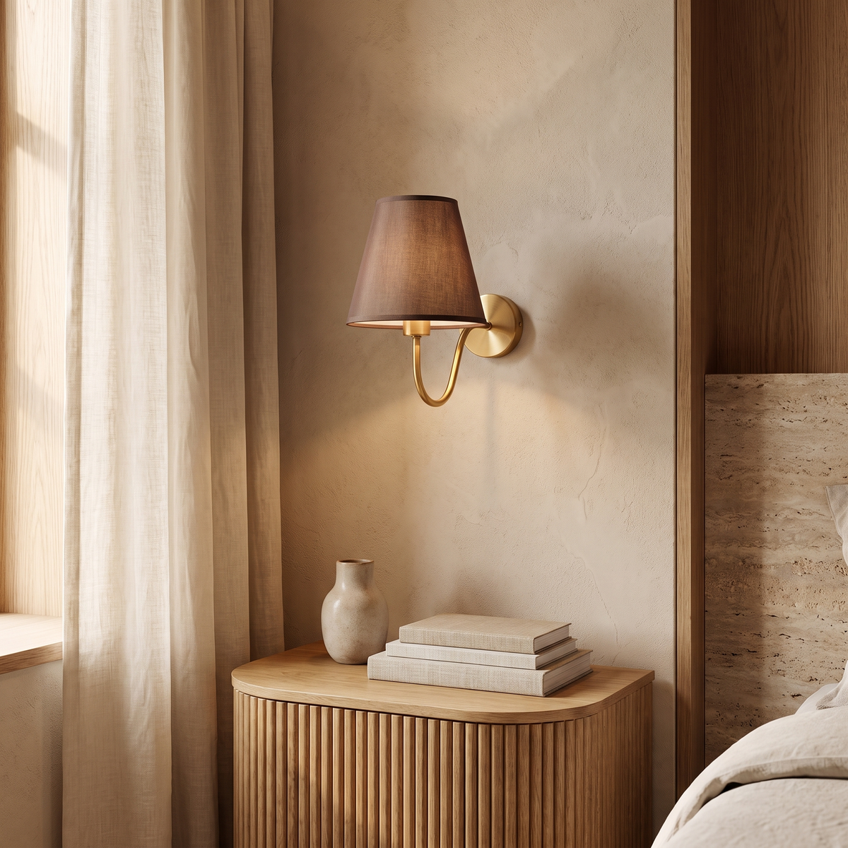 Perrelle Nordic Curved Iron LED Wall Sconce with Fabric Shade for Living Room and Bedroom