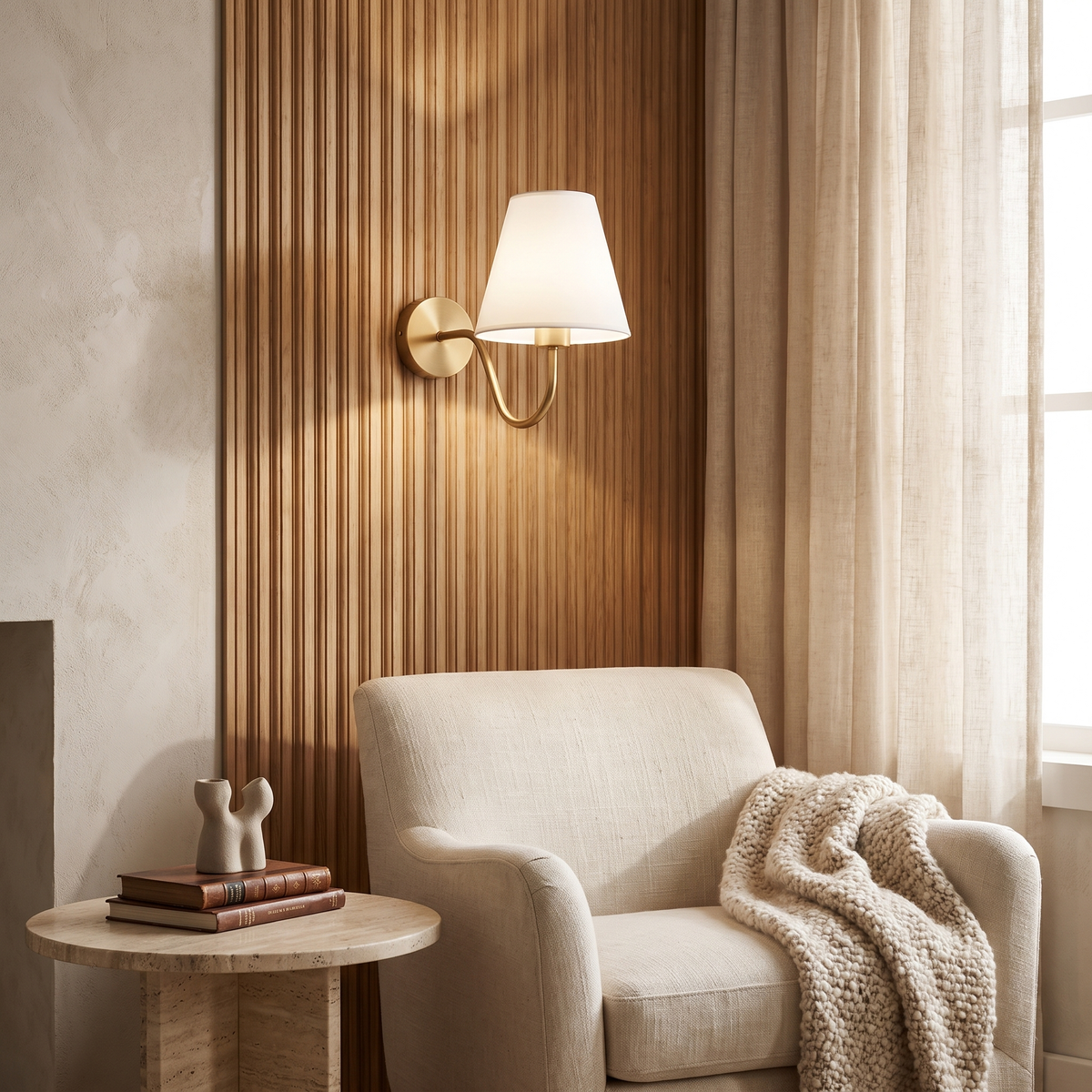 Perrelle Nordic Curved Iron LED Wall Sconce with Fabric Shade for Living Room and Bedroom