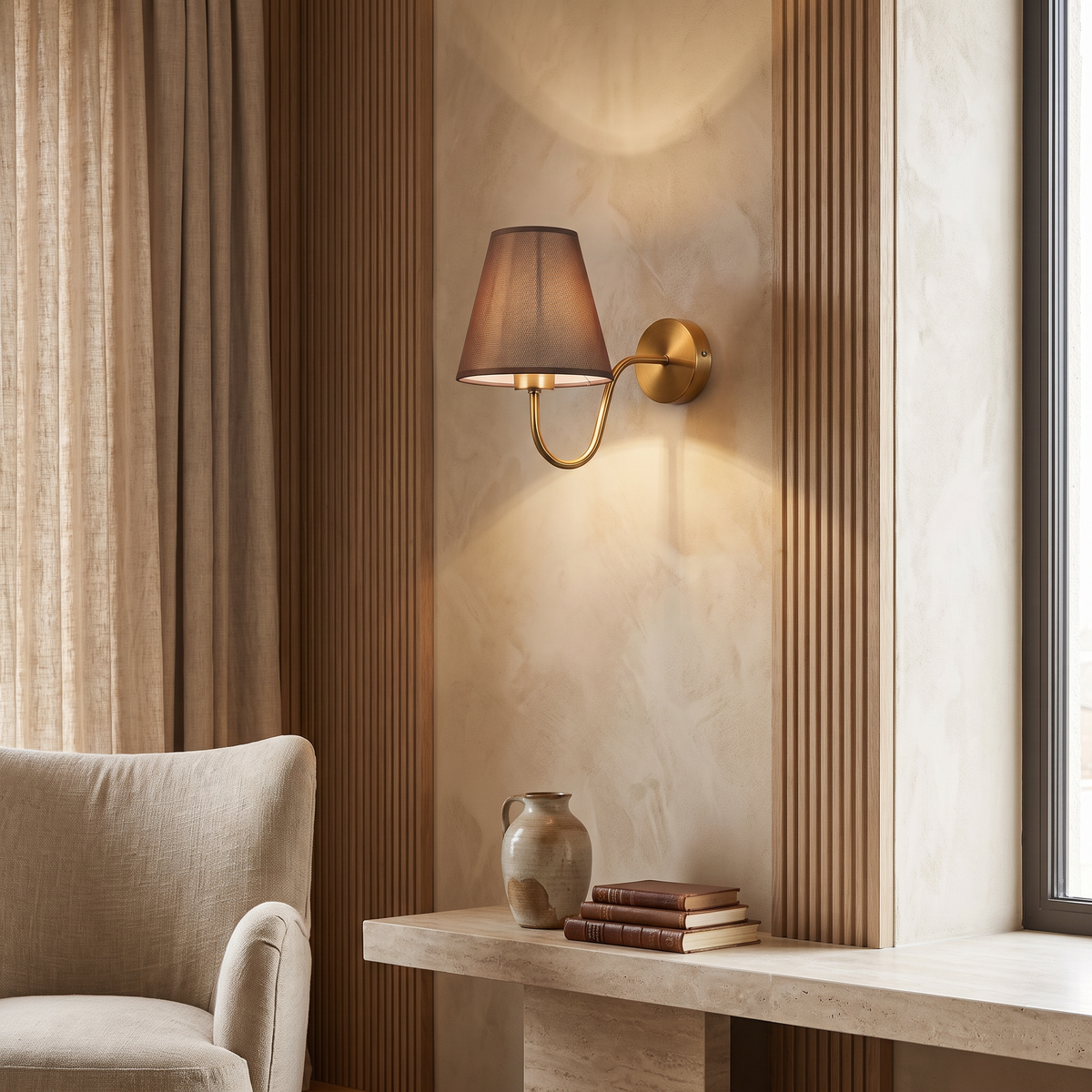 Perrelle Nordic Curved Iron LED Wall Sconce with Fabric Shade for Living Room and Bedroom