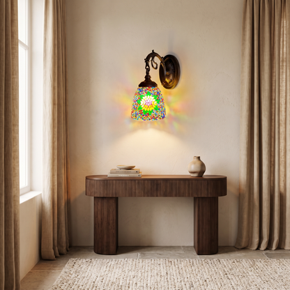 Jourdaine Tiffany-Style Iron Dome Wall Sconce with Stained Glass Shade for Bedroom