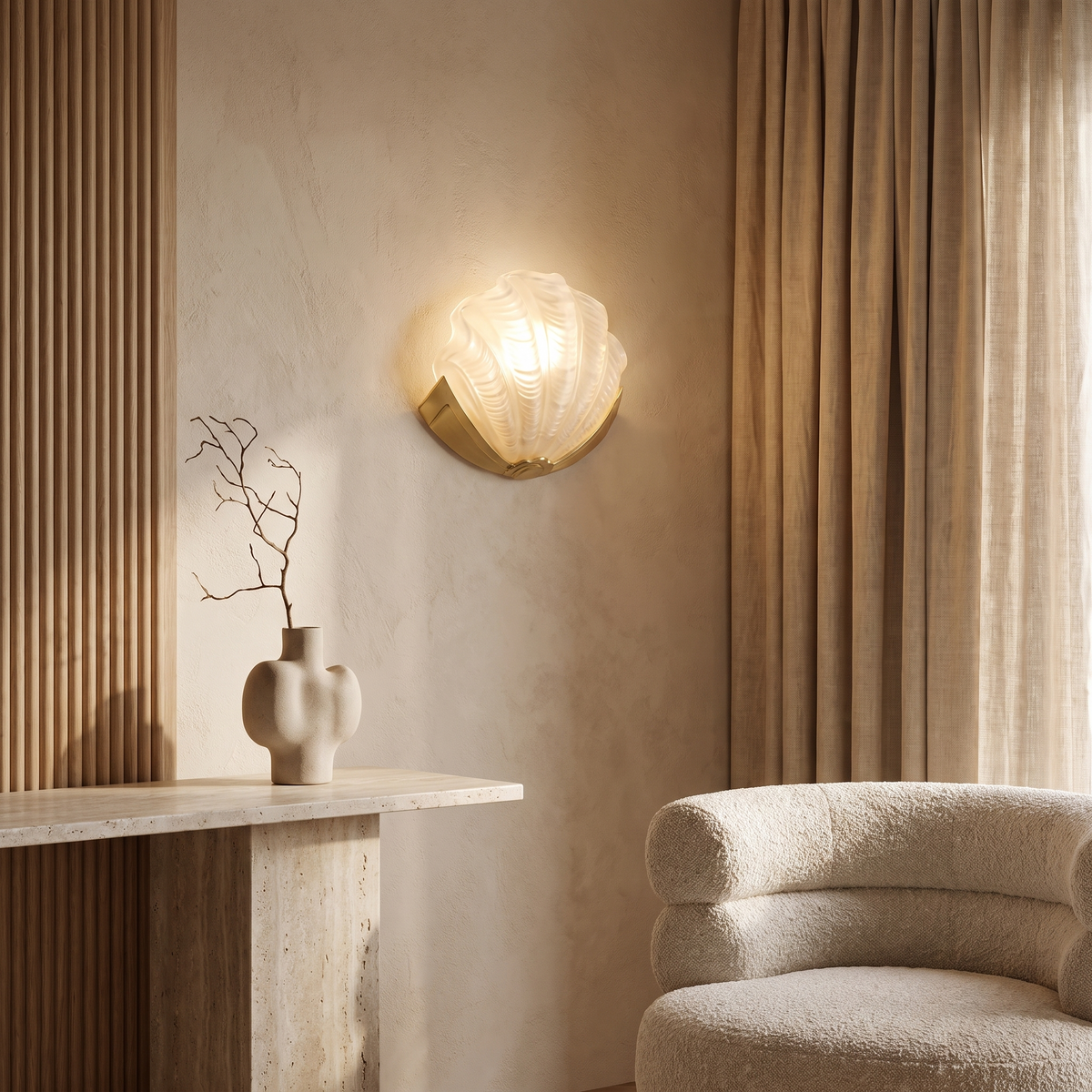 Kirielle Art Deco Brass Wall Sconce with Shell-Shaped Glass Shade for Bedroom