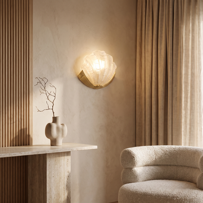 Kirielle Art Deco Brass Wall Sconce with Shell-Shaped Glass Shade for Bedroom