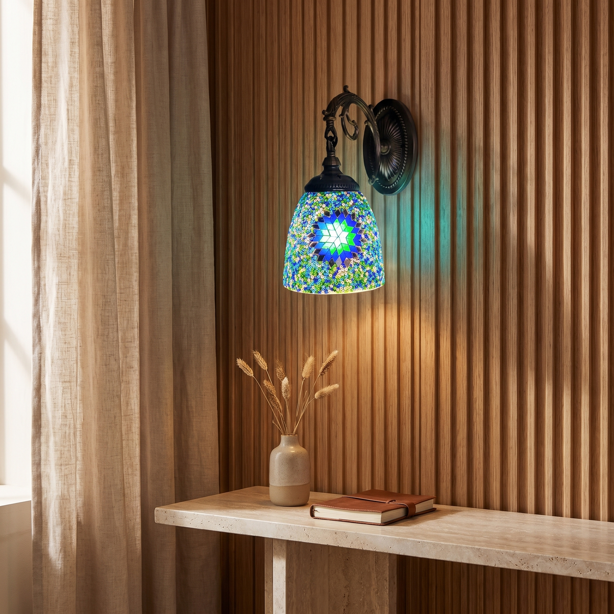 Jourdaine Tiffany-Style Iron Dome Wall Sconce with Stained Glass Shade for Bedroom
