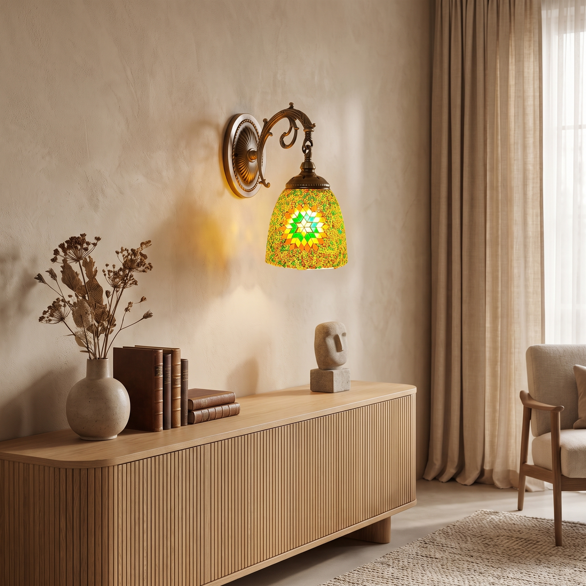 Jourdaine Tiffany-Style Iron Dome Wall Sconce with Stained Glass Shade for Bedroom