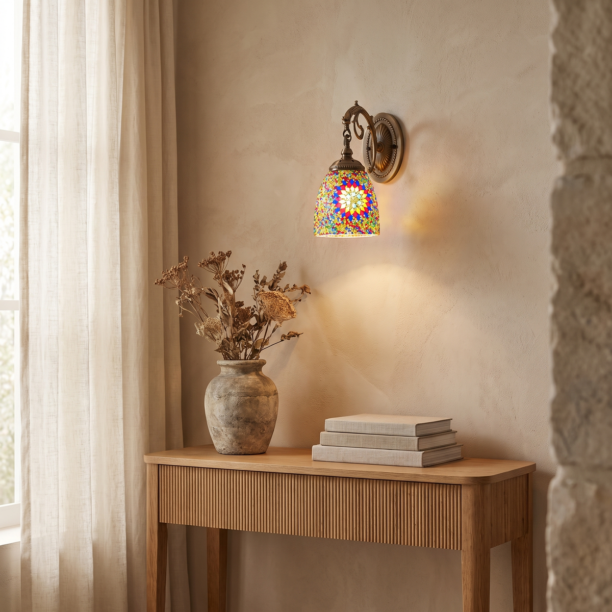 Jourdaine Tiffany-Style Iron Dome Wall Sconce with Stained Glass Shade for Bedroom