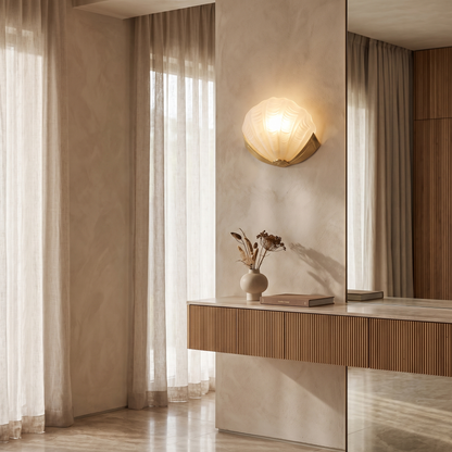 Kirielle Art Deco Brass Wall Sconce with Shell-Shaped Glass Shade for Bedroom