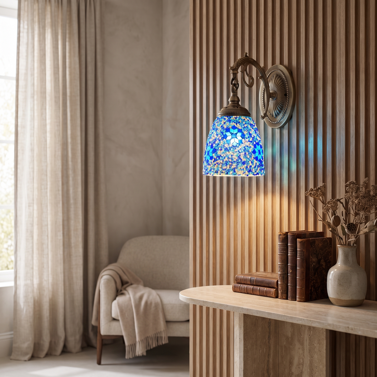Jourdaine Tiffany-Style Iron Dome Wall Sconce with Stained Glass Shade for Bedroom