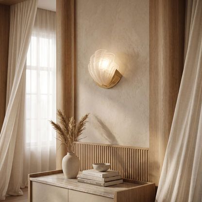 Kirielle Art Deco Brass Wall Sconce with Shell-Shaped Glass Shade for Bedroom