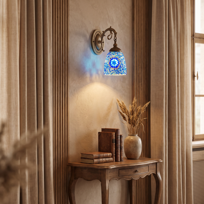 Jourdaine Tiffany-Style Iron Dome Wall Sconce with Stained Glass Shade for Bedroom