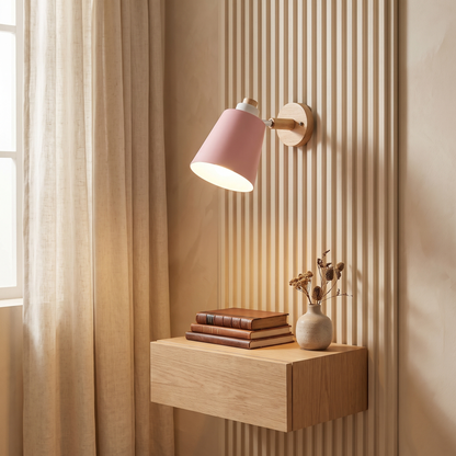 Estellune Macaron Barrel Shade Wood Accent Wall Sconce for Bedside Reading