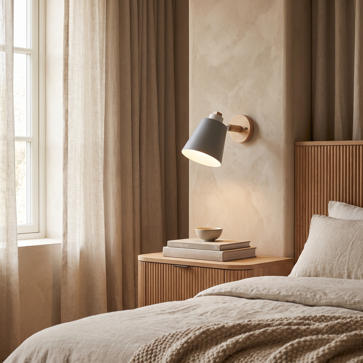 Estellune Macaron Barrel Shade Wood Accent Wall Sconce for Bedside Reading