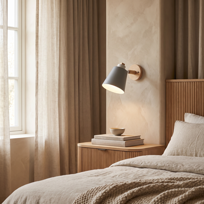 Estellune Macaron Barrel Shade Wood Accent Wall Sconce for Bedside Reading