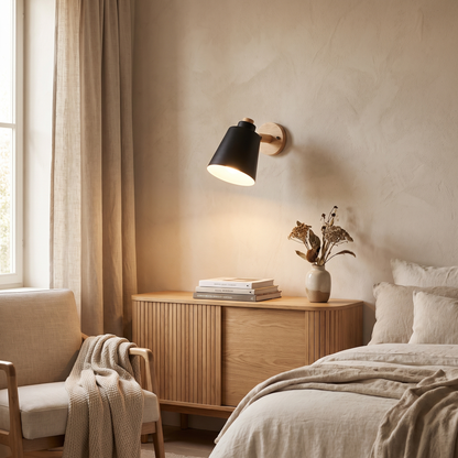 Estellune Macaron Barrel Shade Wood Accent Wall Sconce for Bedside Reading