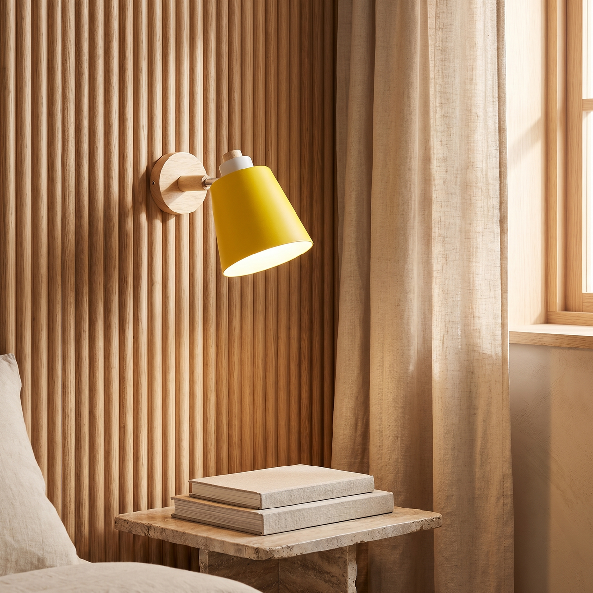 Estellune Macaron Barrel Shade Wood Accent Wall Sconce for Bedside Reading