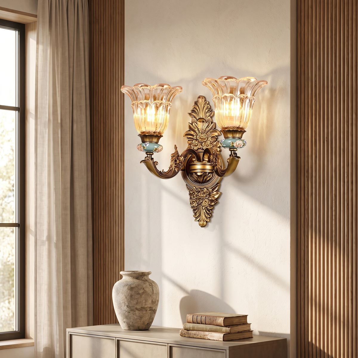 Thessaly European Resin Glass Flower Wall Sconce for Living Room and Bedroom
