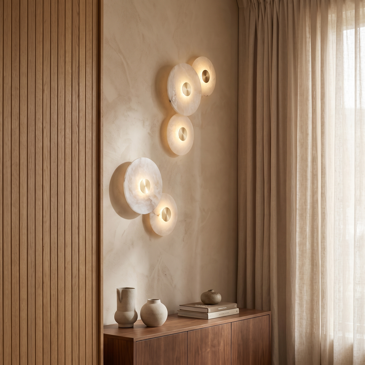 Larkspur Minimalist Round Iron Wall Sconce with Marble Accent and Built-In LED for Bedroom