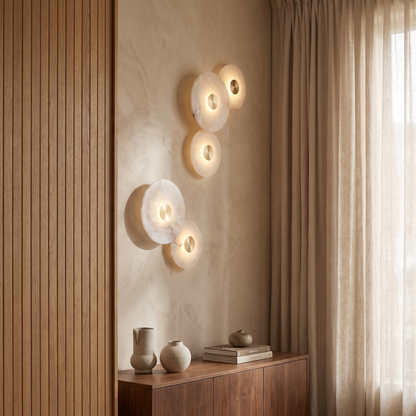 Larkspur Minimalist Round Iron Wall Sconce with Marble Accent and Built-In LED for Bedroom